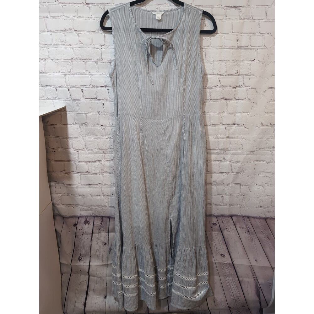 Caslon Stripe Blue White Cotton Ruffle Maxi Dress Lined Pockets Size S Sundress